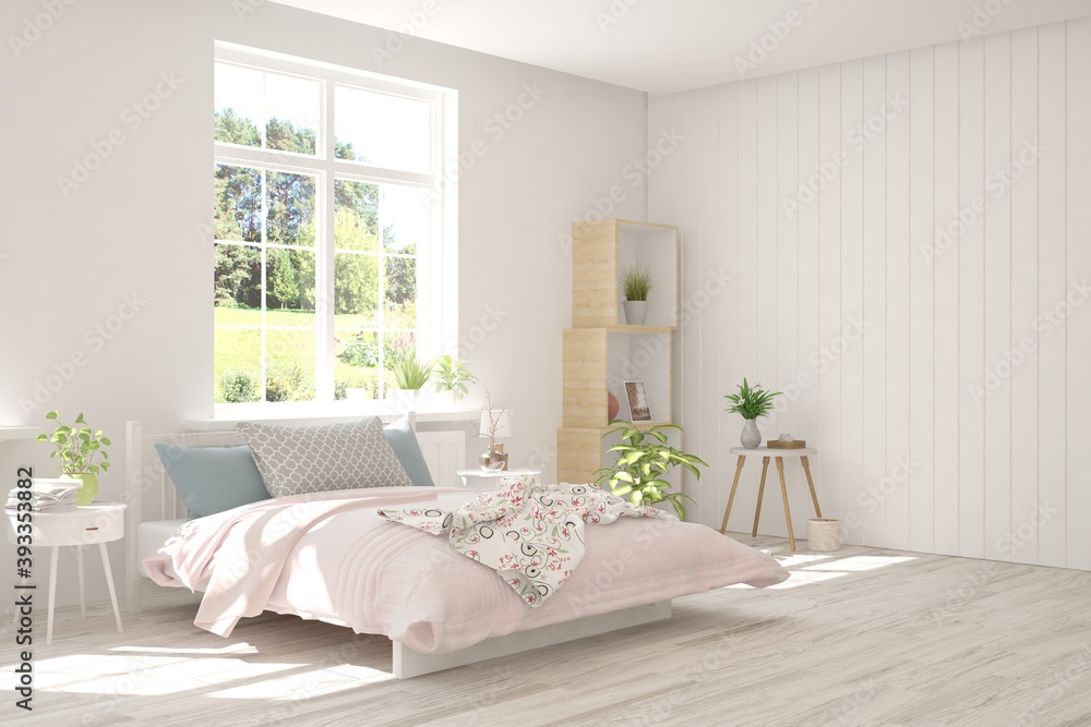 Stylish bedroom in white color with summer landscape in window. Scandinavian interior design. 3D ill