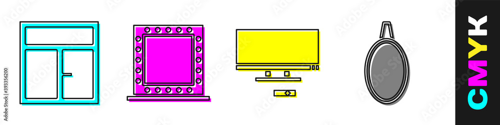 在房间里设置窗户，带灯的化妆镜，智能电视和镜子图标。矢量。