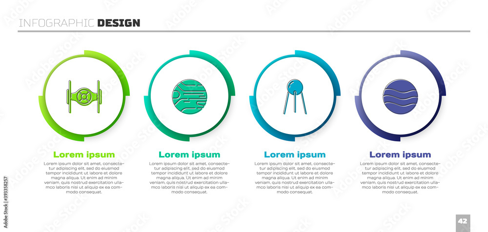 设置宇宙飞船、行星、卫星和商业信息图模板。矢量插图