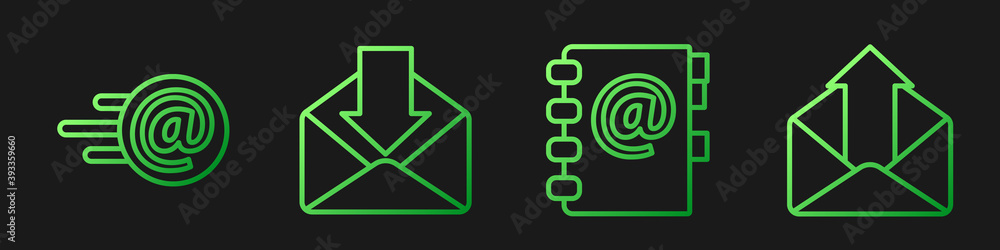 Set line Address book, Mail and e-mail, Envelope and Outgoing mail. Gradient color icons. Vector.