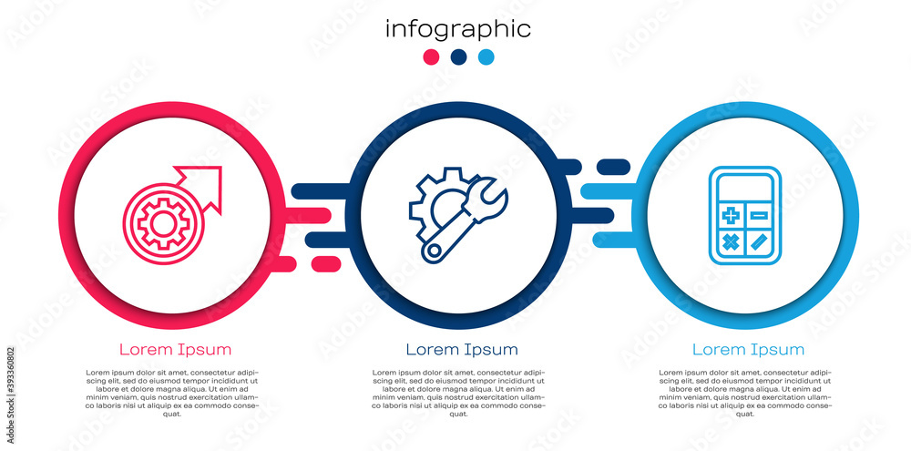 Set line Gear and arrows as workflow process, Wrench spanner gear and Calculator. Business infograph