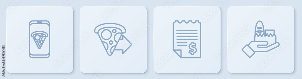 在线订餐披萨、纸质财务检查、在线送货和白色方形按钮.V