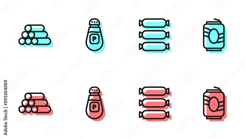 Set line Sausage, Wooden logs, Pepper and Soda can icon. Vector.