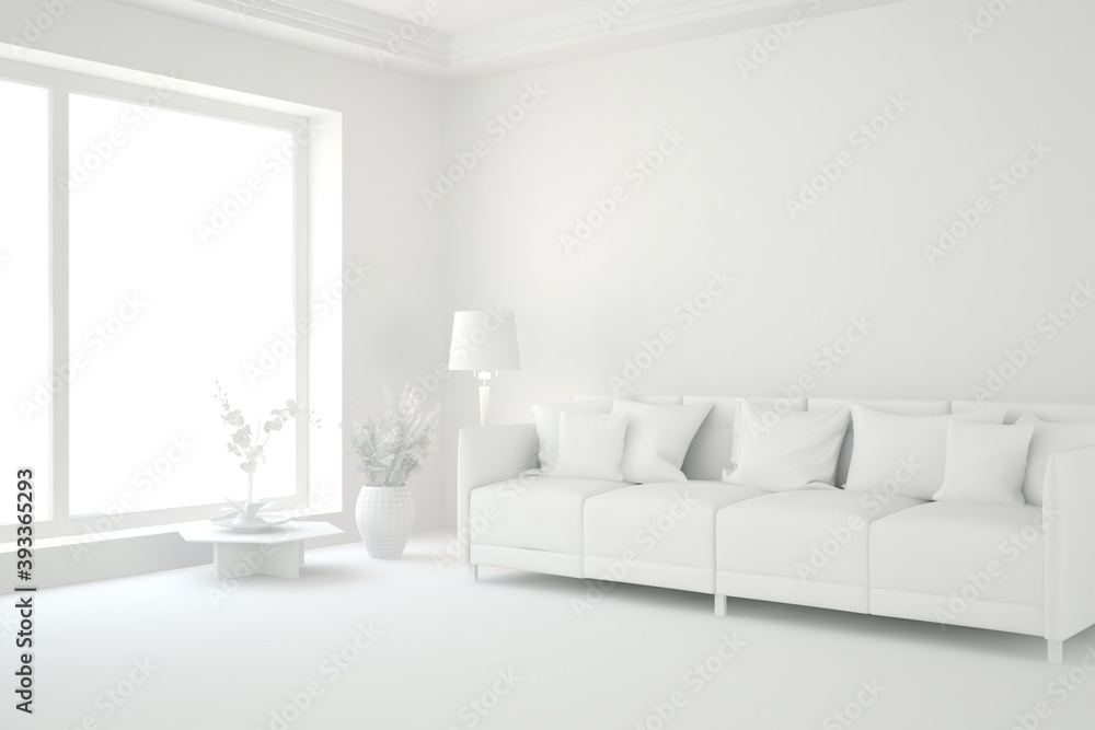 White minimalist living room with sofa. Scandinavian interior design. 3D illustration