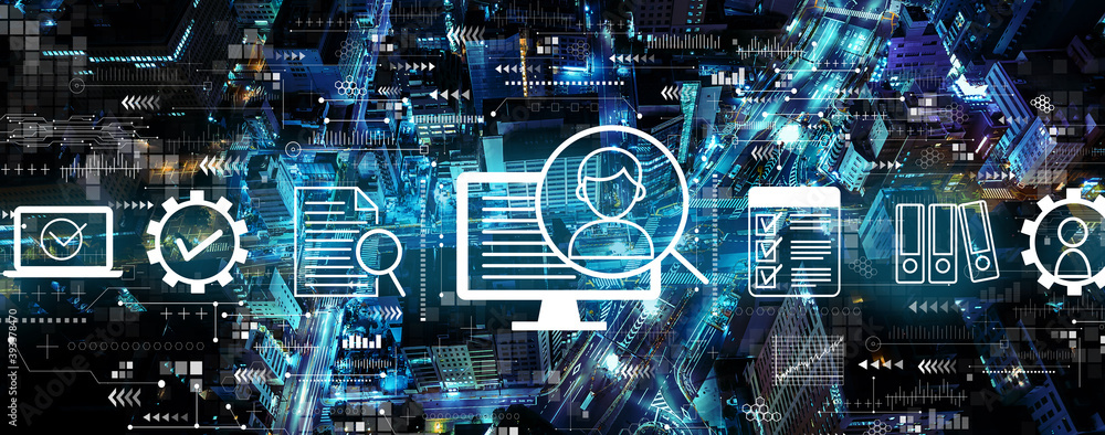 Document management system concept with aerial view of urban city at night