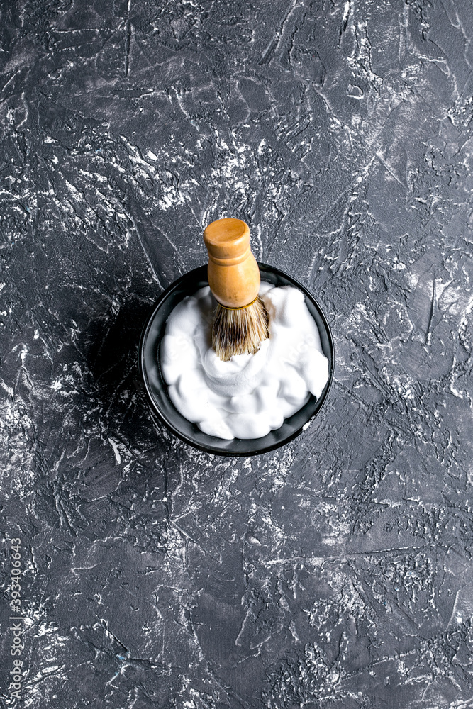 Tools for shaving in barbershop on workplace background top view mock-up