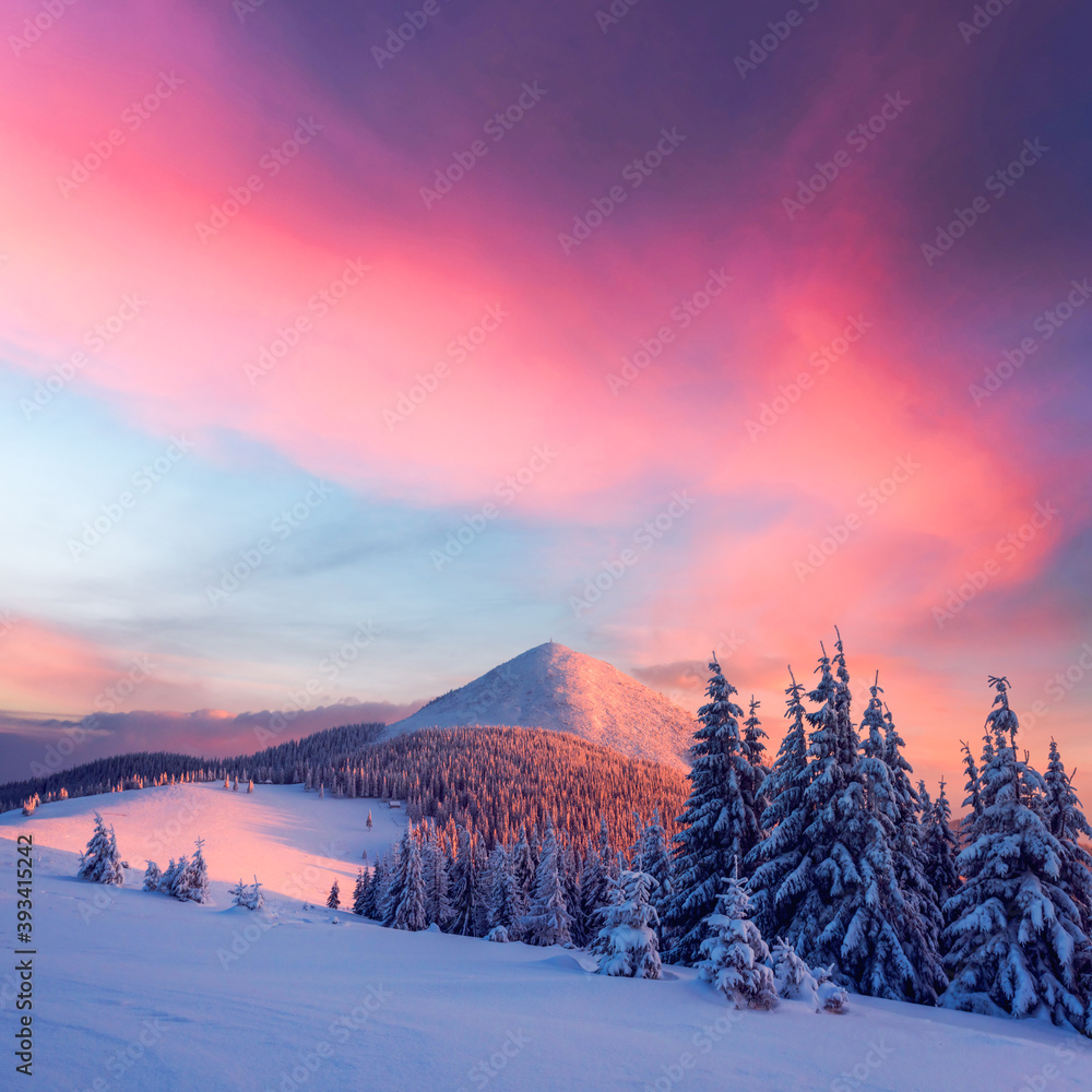 Fantastic winter landscape in snowy mountains glowing by morning sunlight. Dramatic wintry scene wit