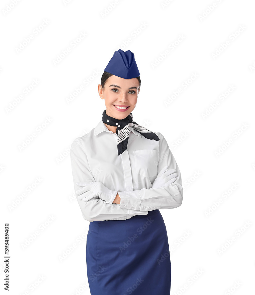 Beautiful stewardess on white background