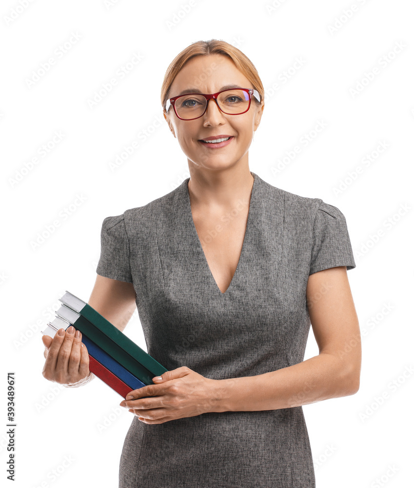 Mature female teacher on white background