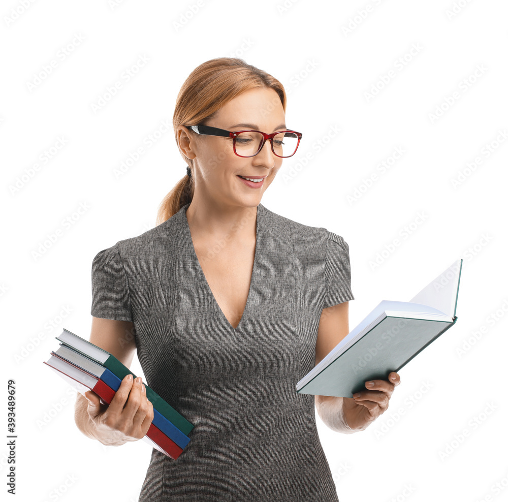 Mature female teacher on white background