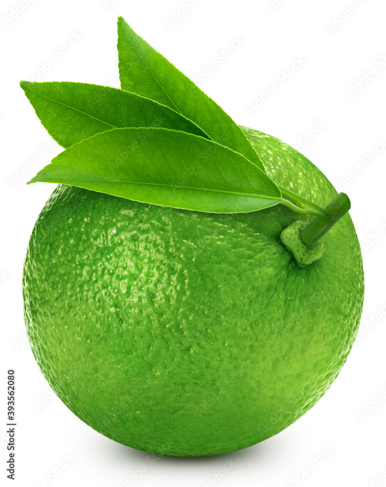 Ripe lime fruit with green leaf isolated