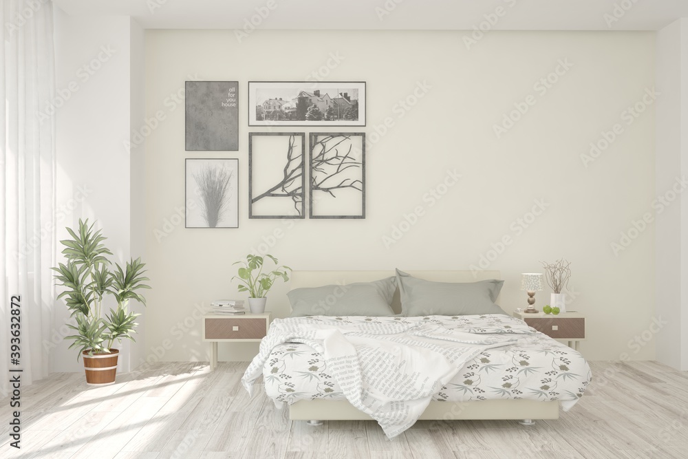 White bedroom interior. Scandinavian design. 3D illustration