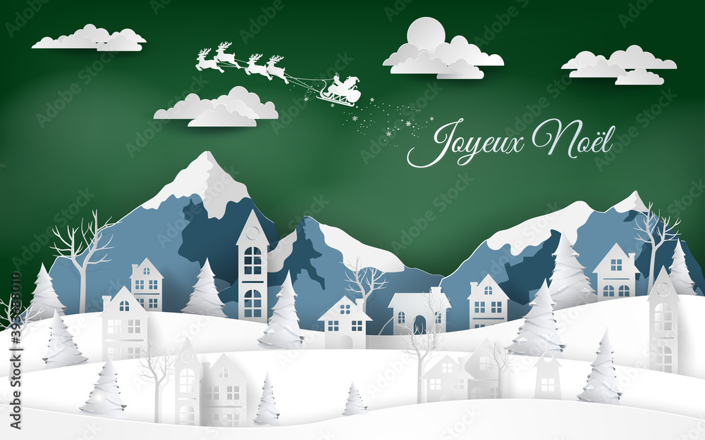 carte ou bandeau sur Joyeux Noël en blanc avec des montagnes et un village en bleu et blanc et un ci