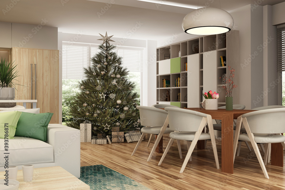 New year tree in scandinavian style interior with christmas decoration