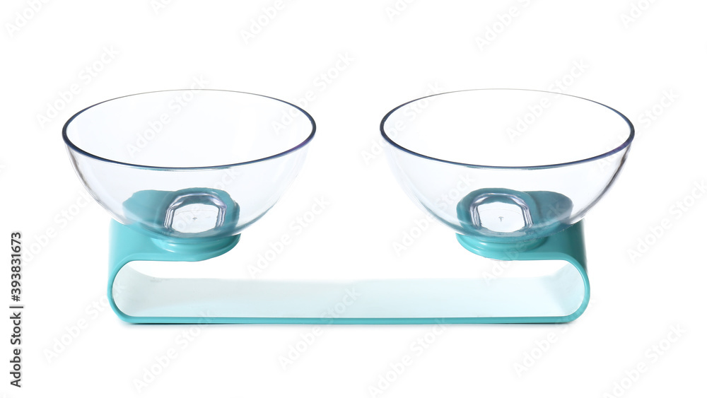 Empty pet bowls on white background