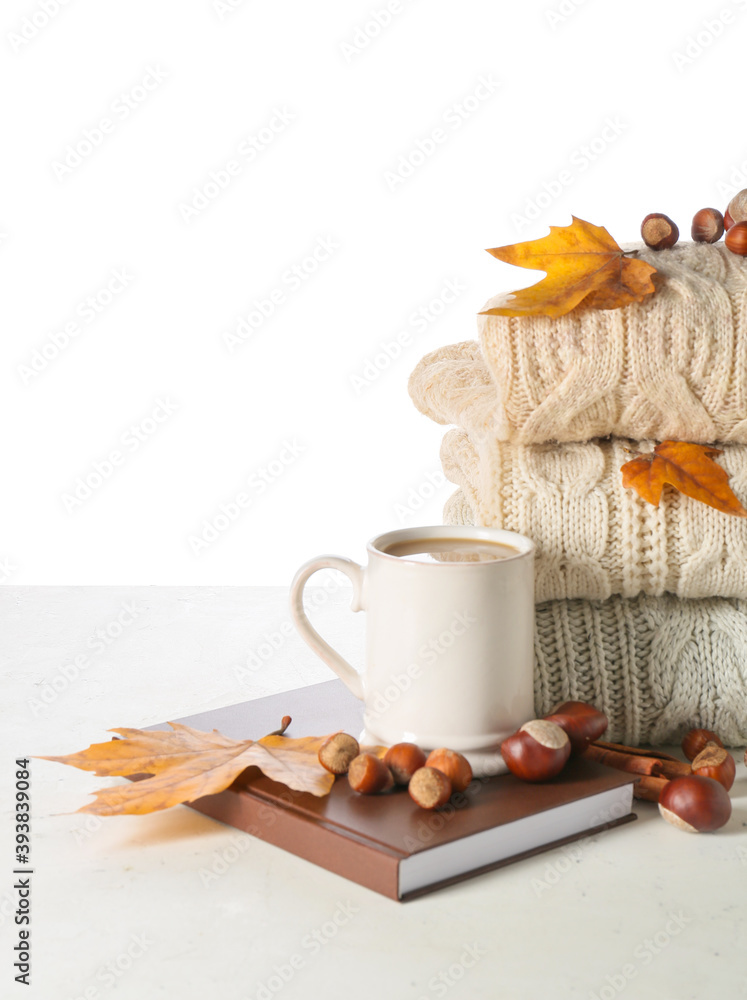 Stylish autumn clothes on white background