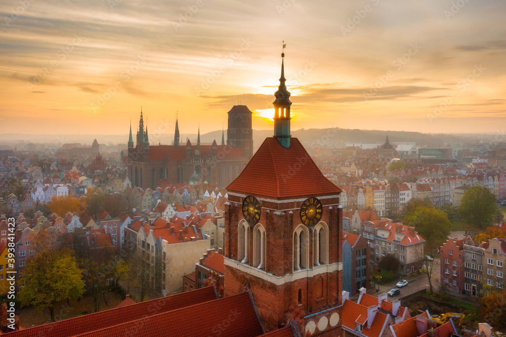 Aerial view of the old town in Gdansk at sunset, Poland