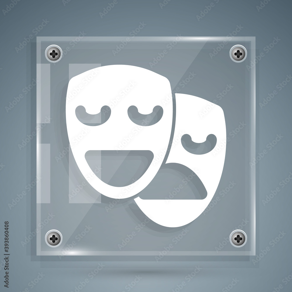 White Comedy and tragedy theatrical masks icon isolated on grey background. Square glass panels. Vec