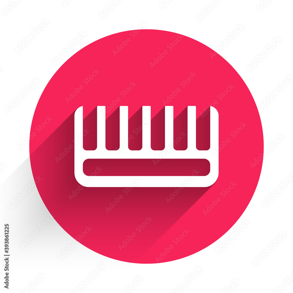 White Hairbrush icon isolated with long shadow. Comb hair sign. Barber symbol. Red circle button. Ve