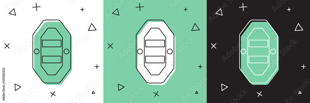 将漂流船图标隔离在白色、绿色和黑色背景上。带桨板的充气船。W