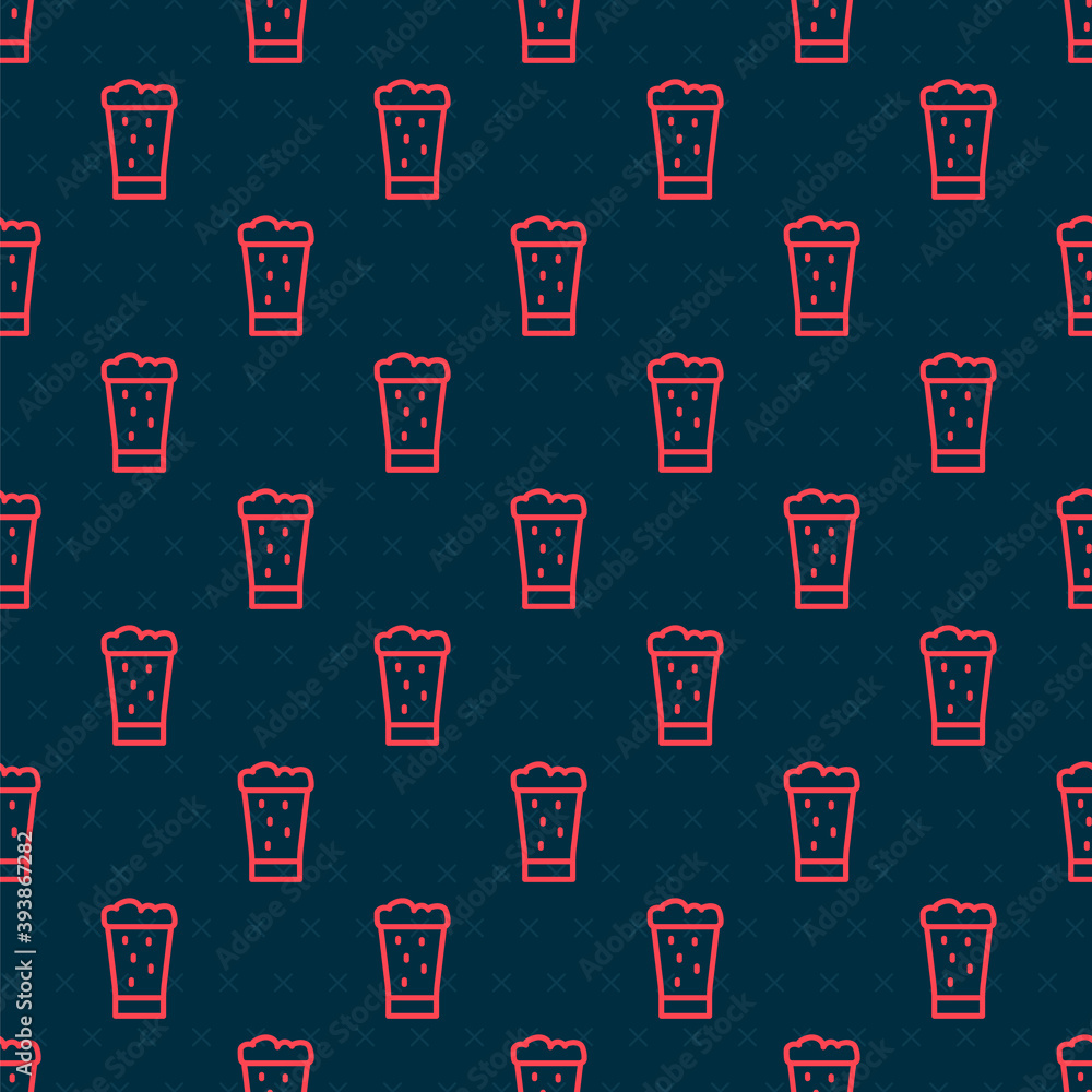 Red line Glass of beer icon isolated seamless pattern on black background. Vector.