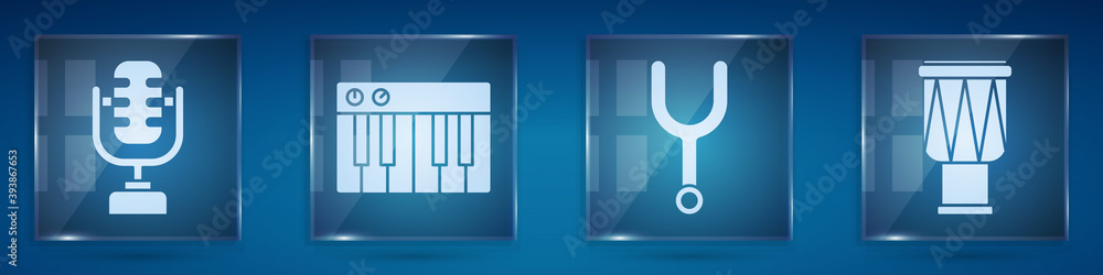 Set Microphone, Music synthesizer, Musical tuning fork and Drum. Square glass panels. Vector.