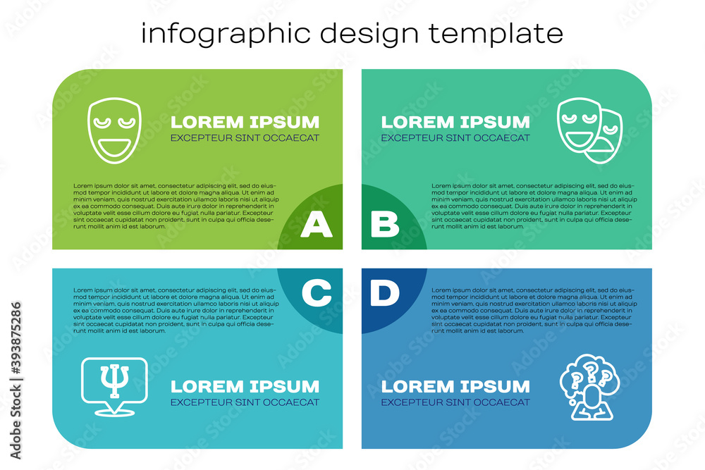 Set line Psychology, Psi, Comedy theatrical mask, Head with question mark and and tragedy masks. Bus