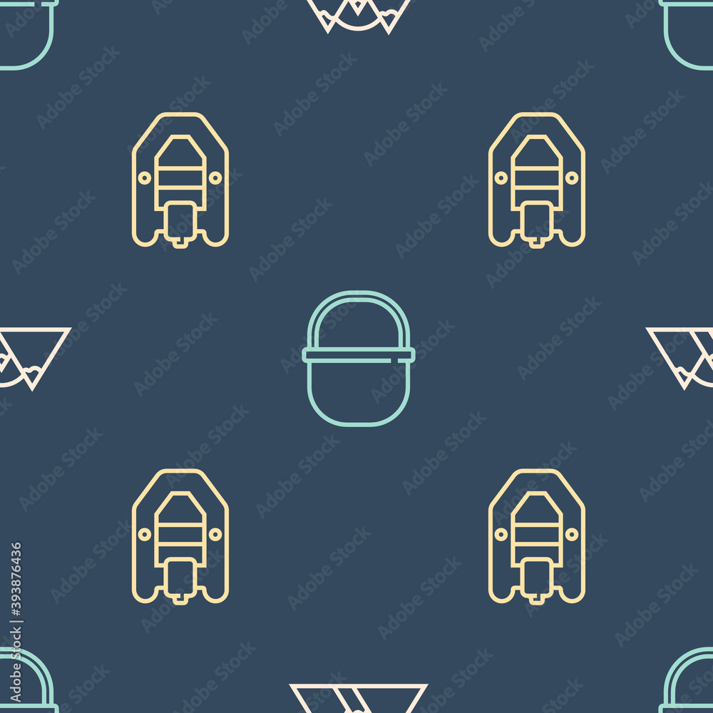 Set line Mountains, Rafting boat and Camping pot on seamless pattern. Vector.