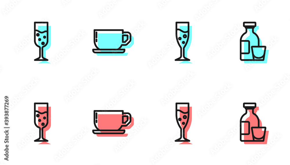 Set line Glass of champagne, , Coffee cup and Alcohol drink Rum icon. Vector.