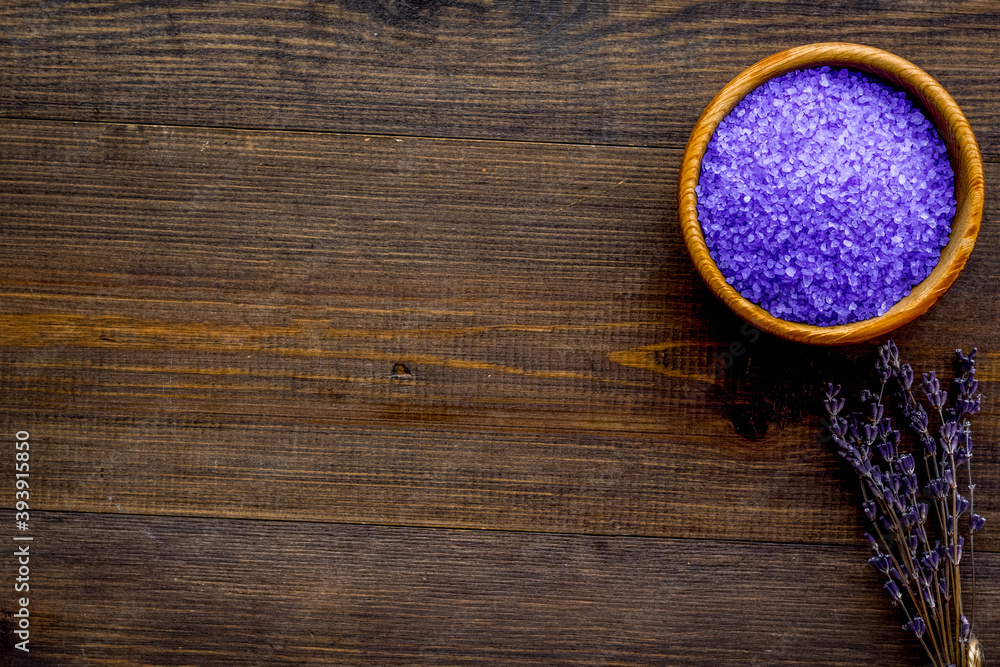 aroma therapy with lavender flower fragrance and spa salt on wooden background top view space for te