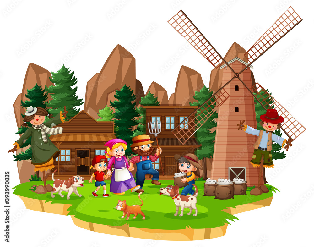 Farm with red barn and windmill on white background