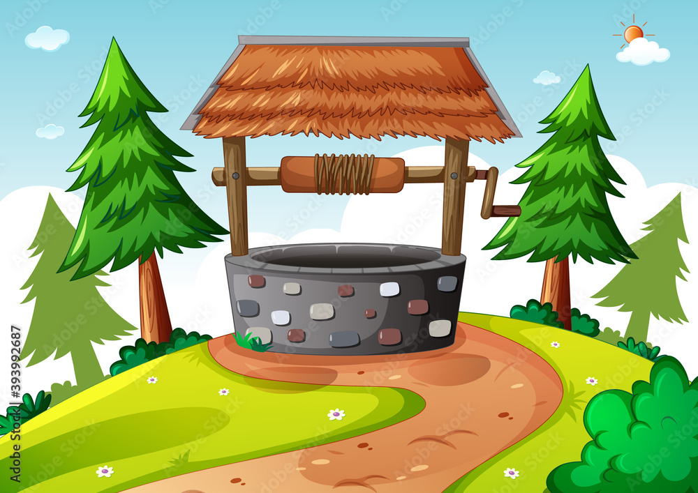 Stone well in nature scene cartoon style