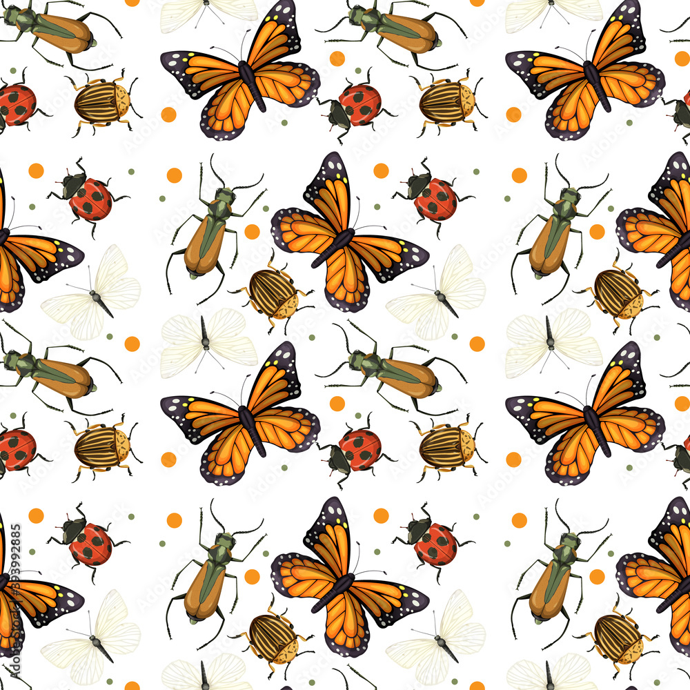 Different insects seamless pattern white background