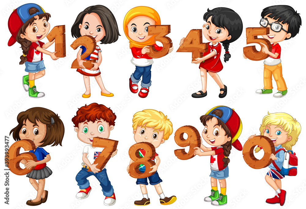 Set of different children holding math number