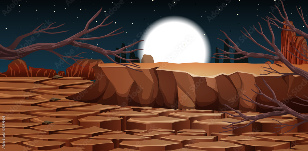 Desert with rock mountains landscape at night scene