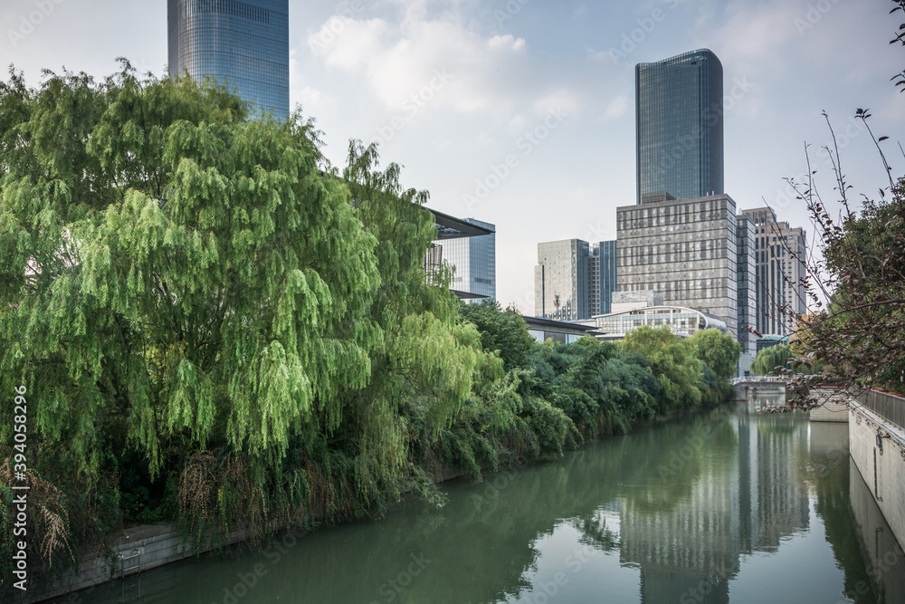 cityscape and skyline of Suzhou on view from empty floor