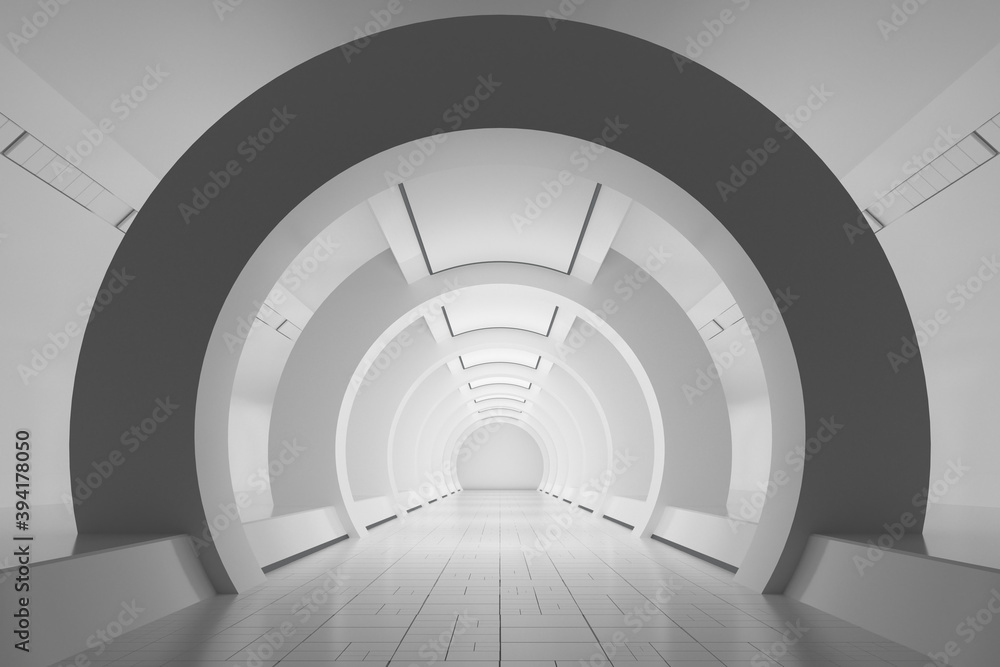 White sci-fi tunnel, empty round room, 3d rendering.