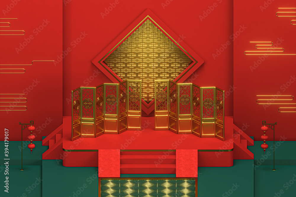 Chinese decorative background, prosperity elements, 3d rendering.