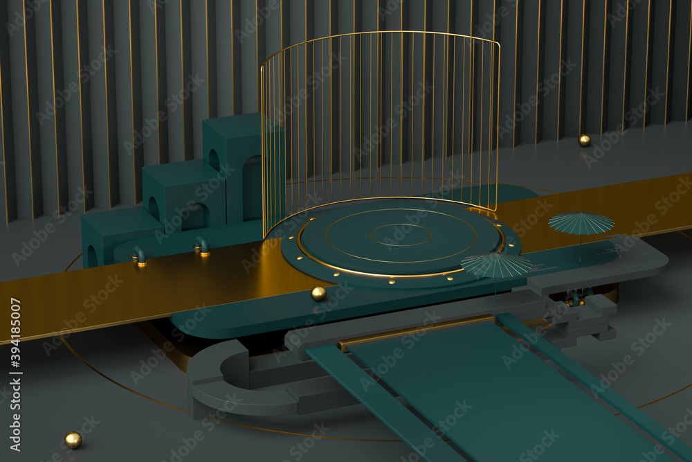 Round product stage with golden decoration, 3d rendering.