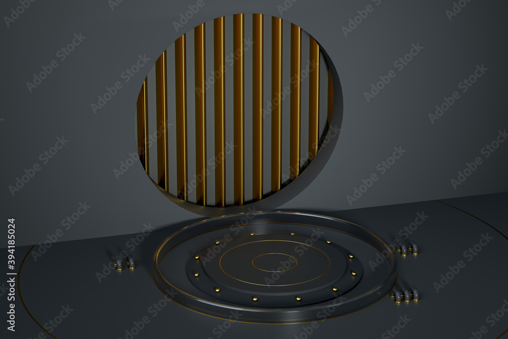 Round product stage with golden decoration, 3d rendering.