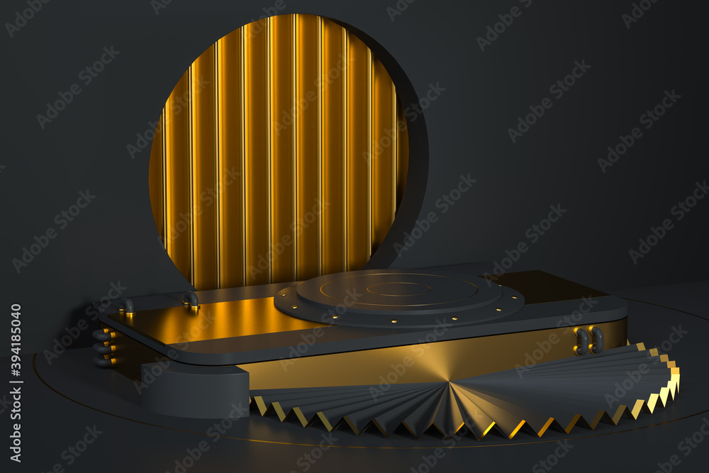 Round product stage with golden decoration, 3d rendering.