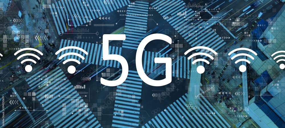 5G network with busy city traffic intersection