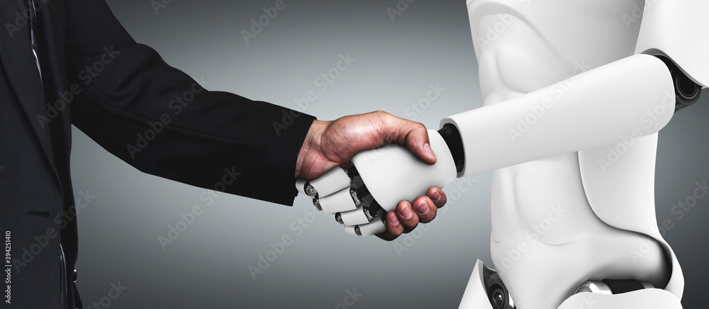 3D rendering humanoid robot handshake to collaborate future technology development by AI thinking br