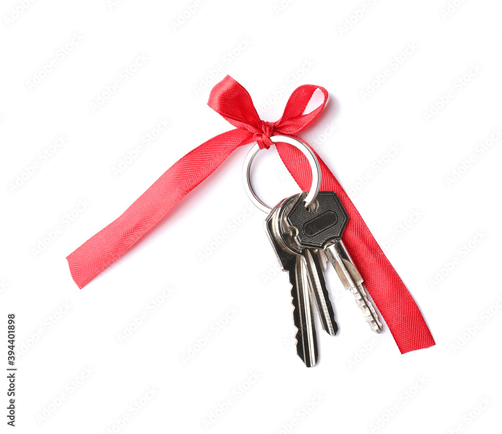 Keys with bow on white background