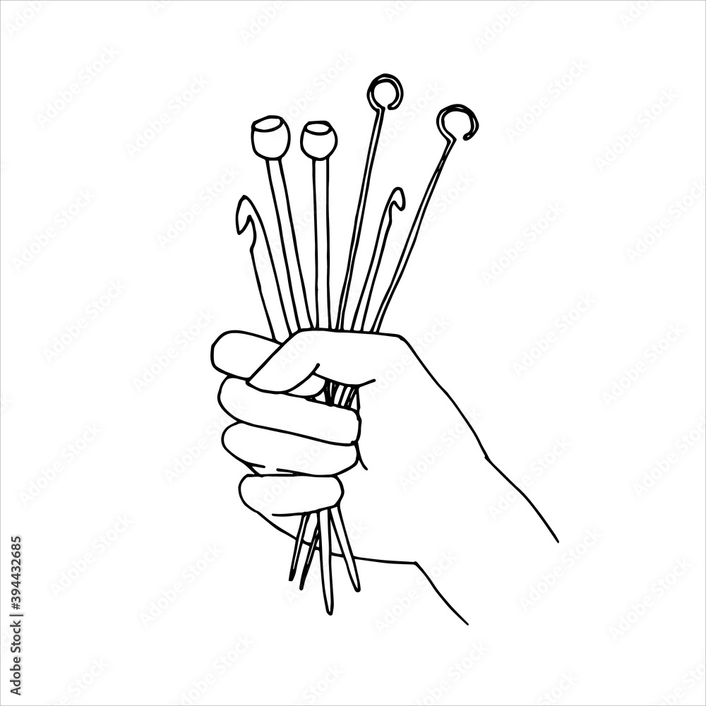 vector illustration drawing in doodle style. knitting needles and crochet hooks in hand. a simple dr