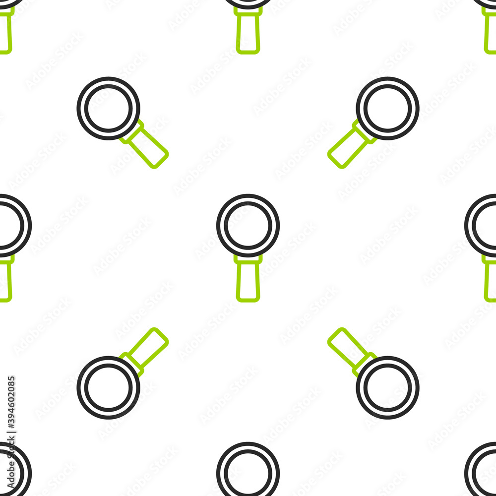 Line Magnifying glass icon isolated seamless pattern on white background. Search, focus, zoom, busin