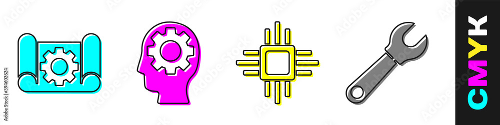 Set Graphing paper and gear, Human head with gear inside, Processor with microcircuits CPU and Wrenc