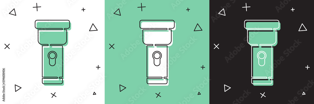 将手电筒图标设置为隔离在白色和绿色、黑色背景上。矢量。