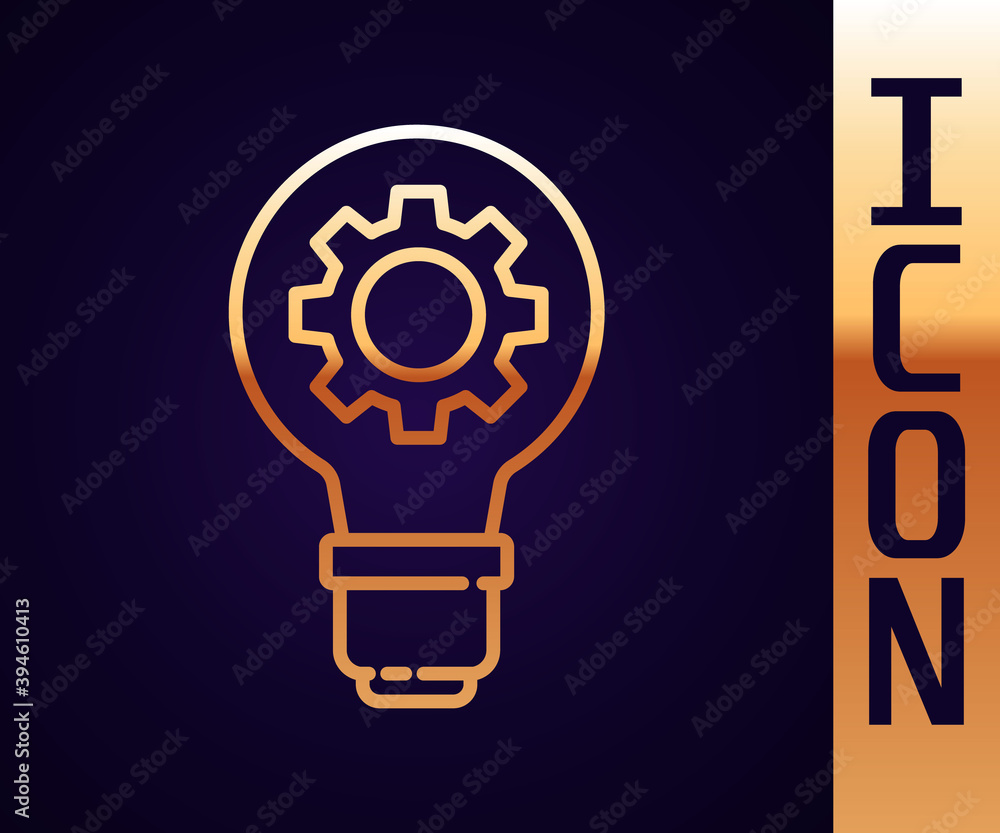 Gold line Light bulb and gear icon isolated on black background. Innovation concept. Business idea. 