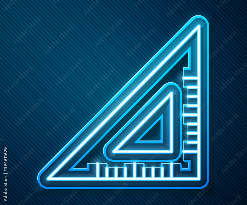 Glowing neon line Triangular ruler icon isolated on blue background. Straightedge symbol. Geometric 